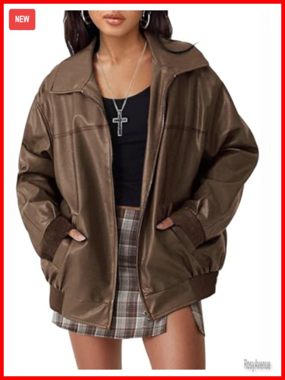 Faux Leather Jacket Oversized Bomber Zip Up Coat Fall